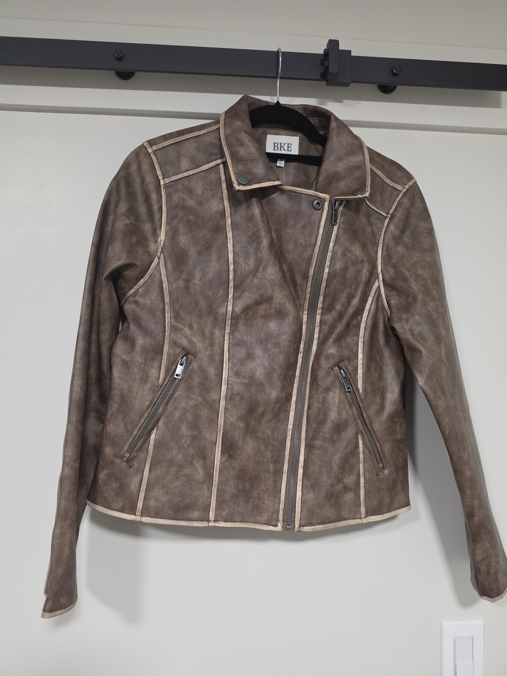BKE Brown Faux-Leather Moto Jacket with Contrast Piping